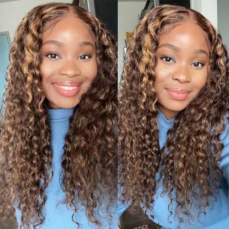 Ali Annabelle Highlight Honey Blonde on Brown Hair Water Wave 4x4 13x4 Human Hair Wigs
