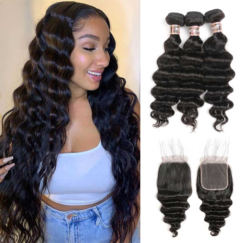 Ali Annabelle Brazilian Loose Wave Human Hair Weave Bundles With Closure