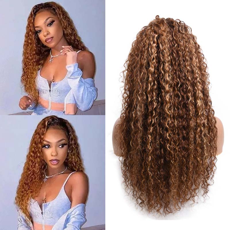 Ali Annabelle Highlight Honey Blonde on Brown Hair Water Wave 4x4 13x4 Human Hair Wigs