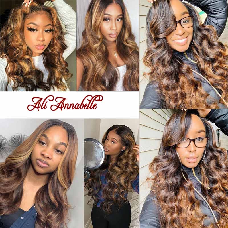 Ali Annabelle Highlight Brown Honey Blonde Ombre Wig 4/27 Body Wave Long Lace Front Human Hair Wigs