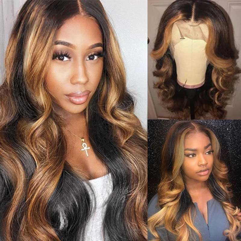 Ali Annabelle Honey Blonde And Brown Highlights Wigs on Black Hair 150% Density Body Wave Virgin Human Hair Wigs