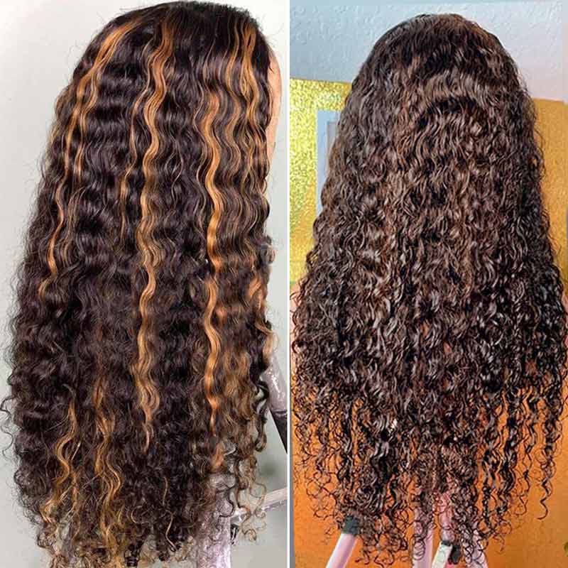 Ali Annabelle Highlight Wig Brown Honey Blonde Water Wave 4x4 Lace Front Human Hair Wigs