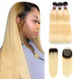Honey Blonde Brazilian Straight Remy Human Hair Lace Closure Bundles-5