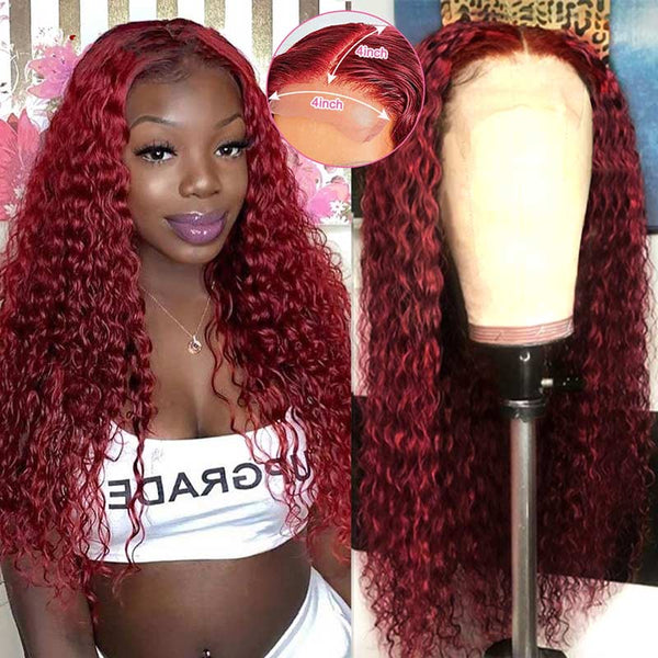 Ali Annabelle 4x4 99J Burgundy Red Brazilian Kinky Curly Lace Closure Human Hair Wigs