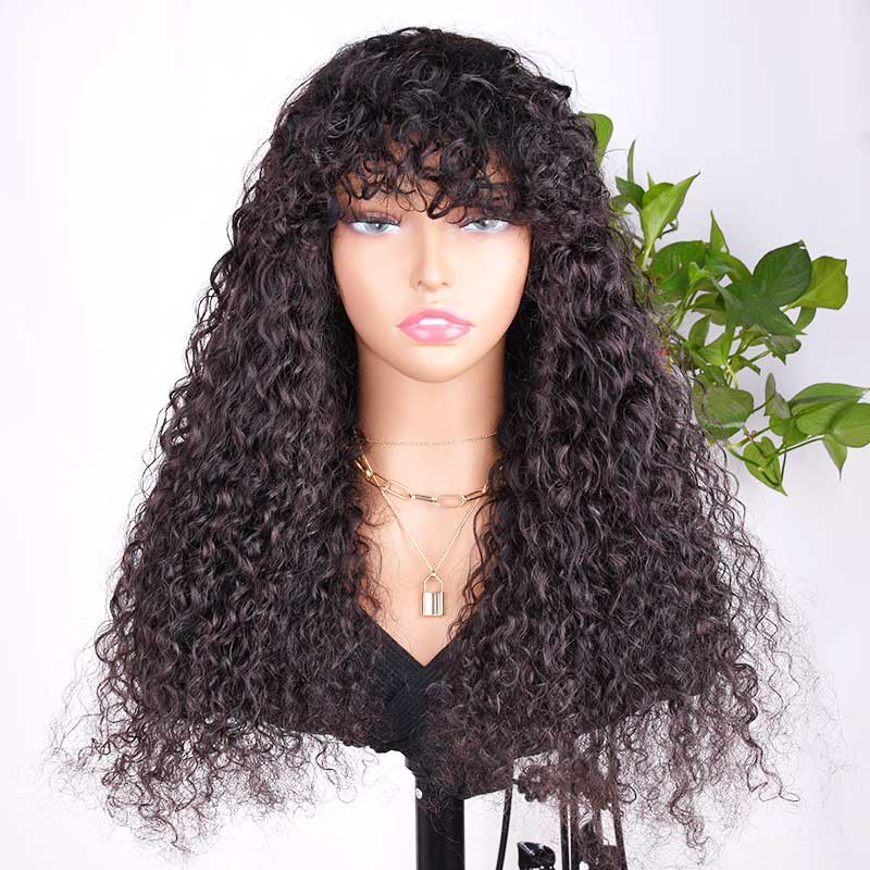 Ali Annabelle Glueless Curly Human Hair Wigs With Bangs Full Machine Made Realistic Scalp