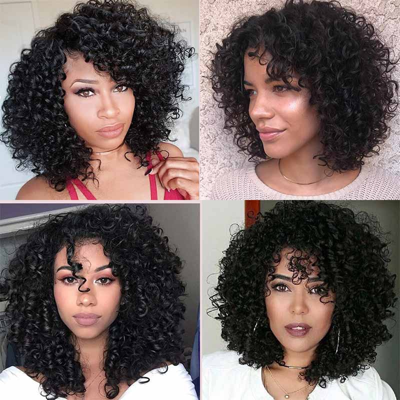 Ali Annabelle Jerry Curly Short Bob Human Hair Wigs Full Machine Made Glueless Wig with Bangs