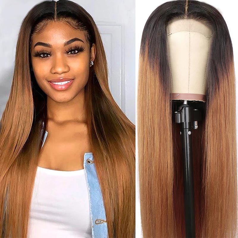 Ali Annabelle Ombre 1B/30 Colored Dark Roots Honey Brown Straight Human Hair Wigs