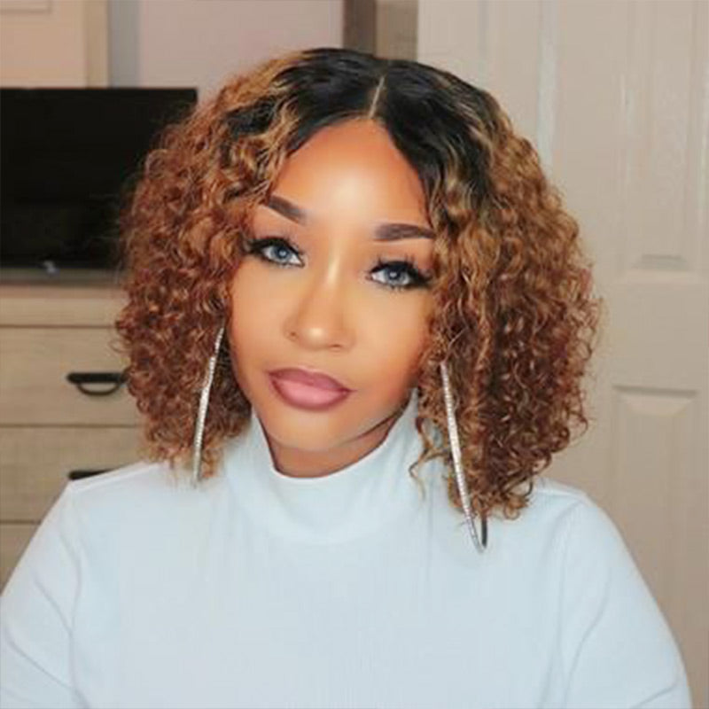 Ali Annabelle 1B/30 Short Curly Bob Wig Dark Roots Ombre Colored Human Hair Wigs