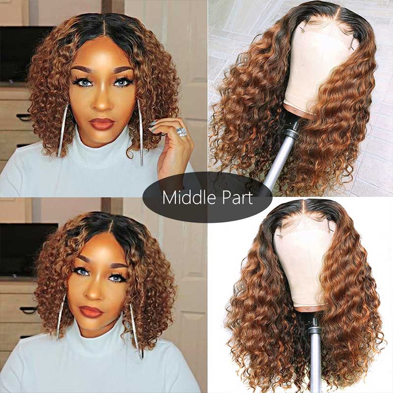 Ali Annabelle 1B/30 Short Curly Bob Wig Dark Roots Ombre Colored Human Hair Wigs