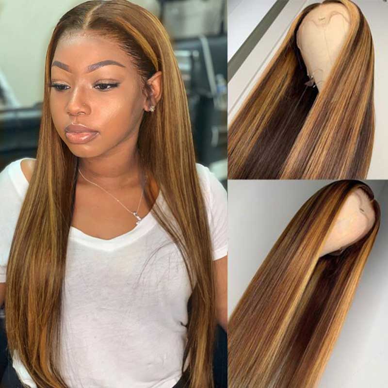 Ombre Brown Honey Blonde Straight Lace Front Human Hair Wigs-5