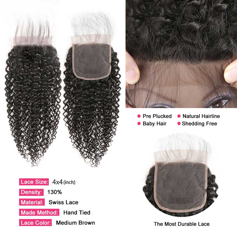 Ali Annabelle Virgin Human Hair Weave 10-26inch Kinky Culry Hair Bundles with 4x4 Swiss Lace Closure