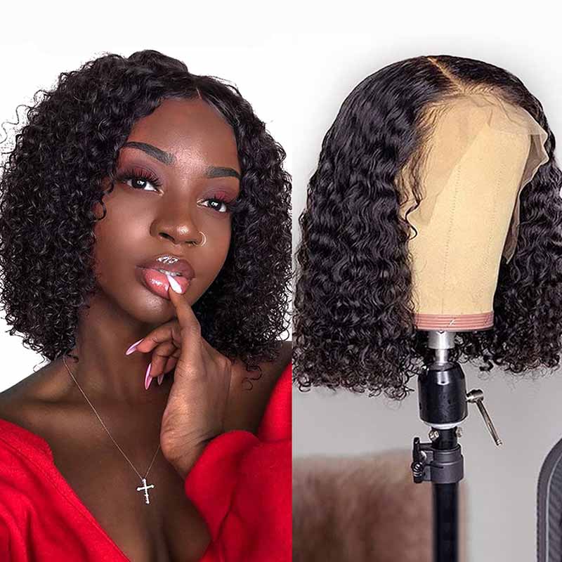 Short Pre-Plucked Peruvian Kinky Curly Bob Lace Front Wigs-4