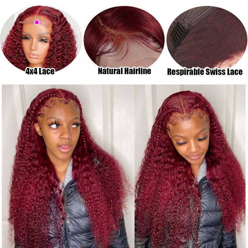 Order 4x4 99J Brazilian Kinky Curly Lace Closure Human Hair Wigs ...