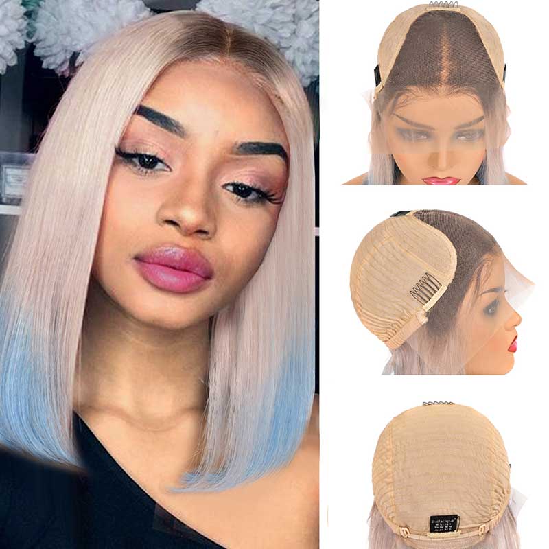 Ombre Malaysian Pre Plucked Straight Bob Lace Front Human Hair Wigs-7