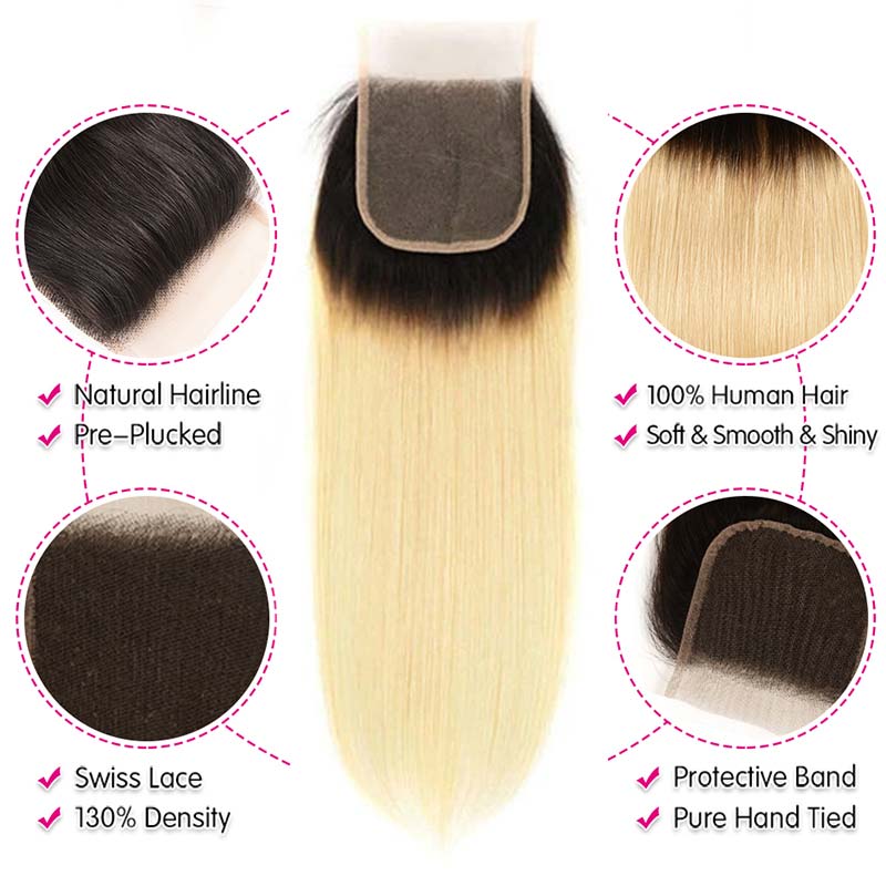Ali Annabelle 1B/613 Honey Blonde Ombre Straight Human Hair Bundles with Lace Closure