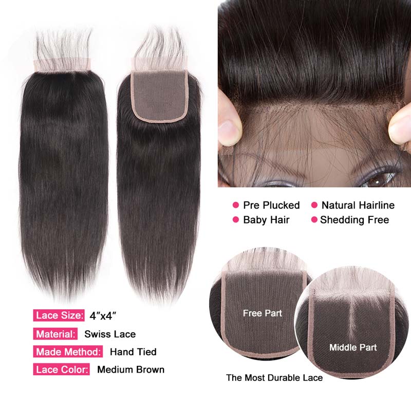 Ali Annabelle 4 Bundles Silky Straight Human Hair Weave Bundles With 4 by 4 Lace Closure