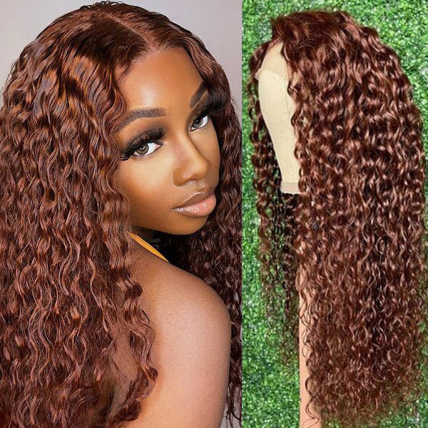 Aliannabelle Reddish Brown Hair Wigs Water Wave Dark Red Brown Lace Frontal Wigs With Baby Hair