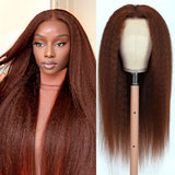 Aliannabell Yaki Hair Reddish Brown Color Wig 13x4 Lace Front Wigs Kinky Straight 100% Human Hair Wig
