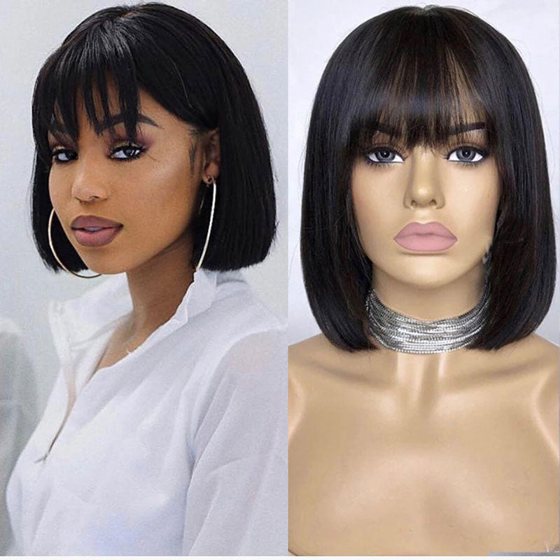 Ali Annabelle Bob Wig With Bangs 180% Density 4X4 Lace Straight Human Hair Wigs