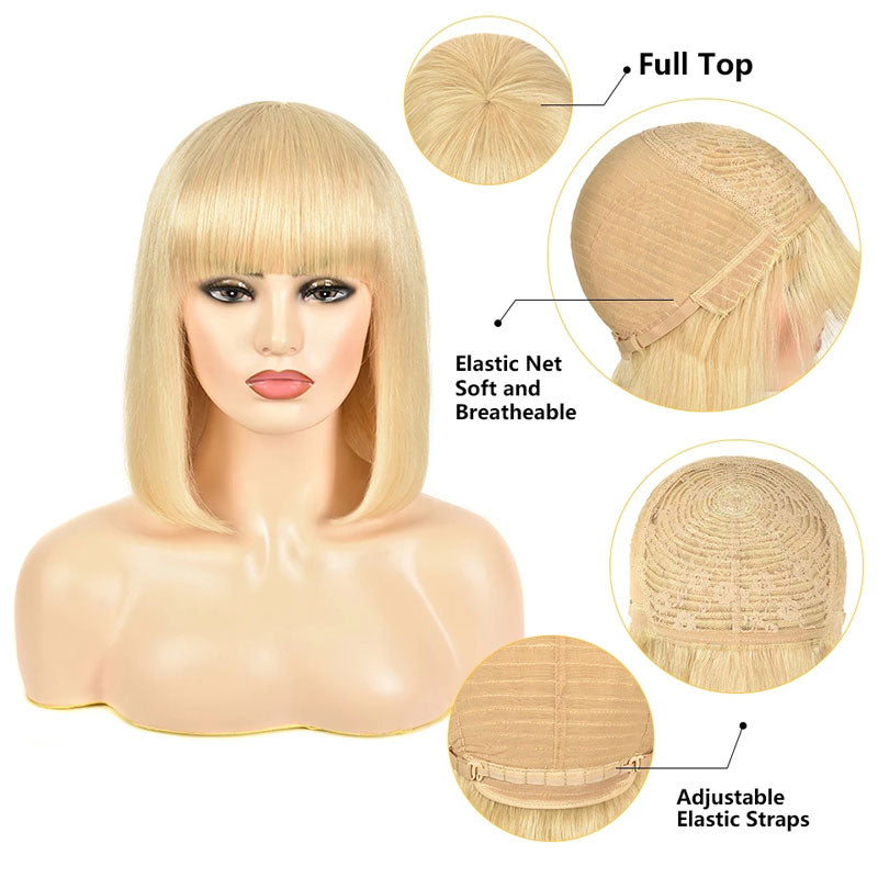 Ali Annabelle Blonde Straight Human Hair Wig with Bangs 613 Glueless Non Lace Short Bob Wigs