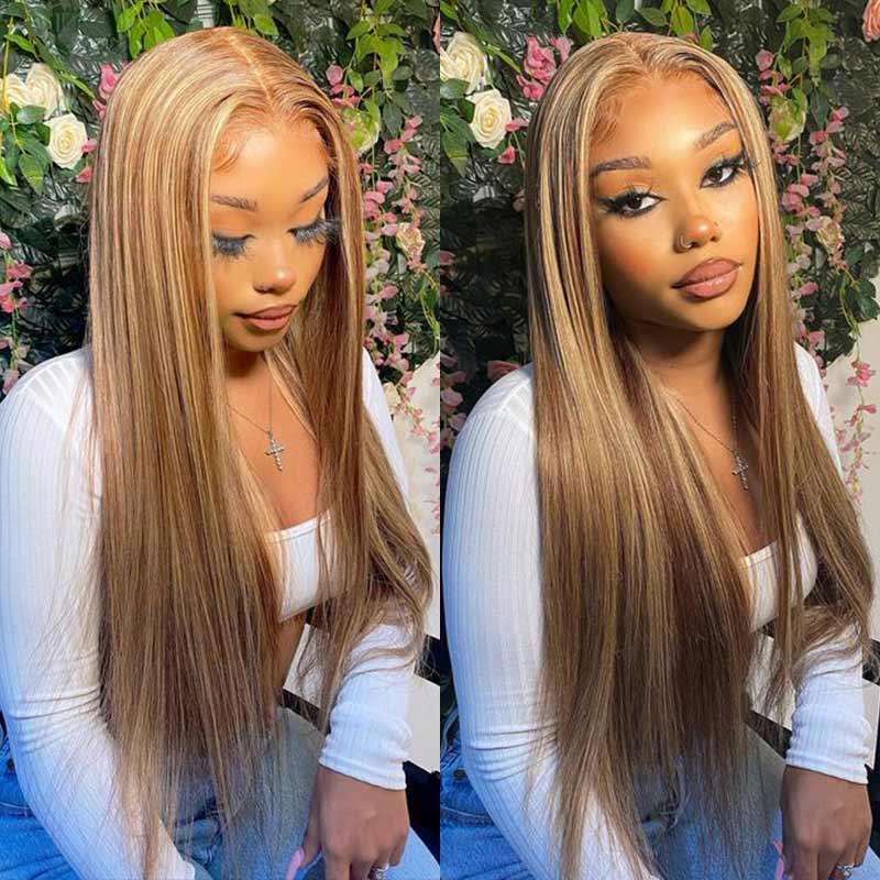 Ali Annabelle Highlight Brown Straight Wig Honey Blonde 4/27 T Part Lace Colored Human Hair Wigs
