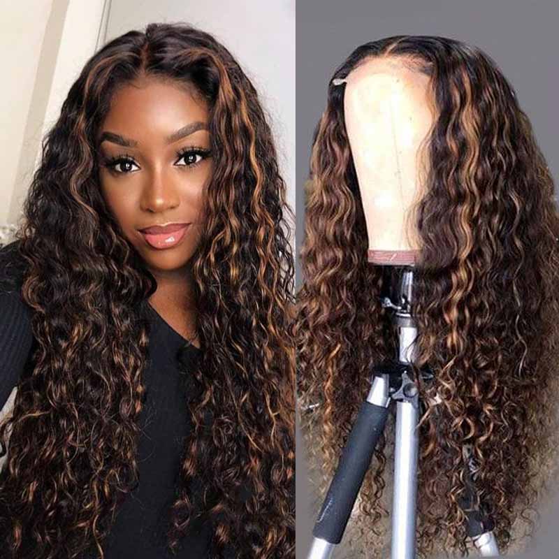 Ali Annabelle Highlight Wig Brown Honey Blonde Water Wave 4x4 Lace Front Human Hair Wigs