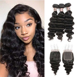 Ali Annabelle Loose Wave Human Hair Bundles With Free/ Middle Part 4x4 Lace Closure